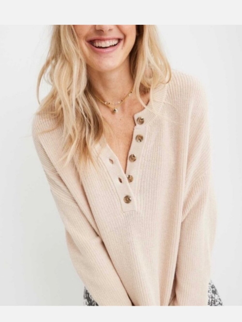 Aerie 100% Cotton Cream Ribbed Henley V-Neck Sweater - Size Medium